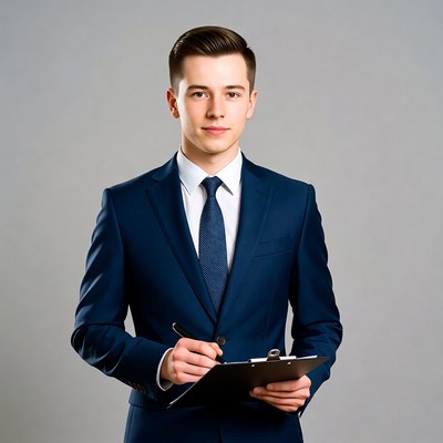 Young man holding clipboard in suit