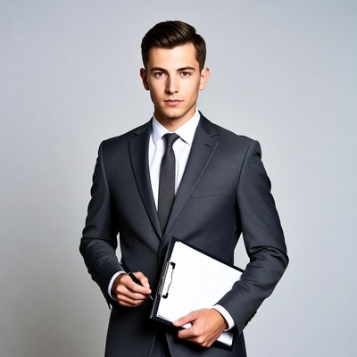 Young man in suit holding clipboard