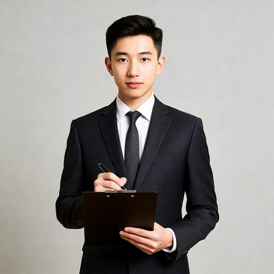 Asian man holding clipboard in suit