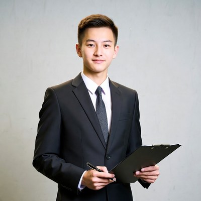 Asian man in suit holding clipboard
