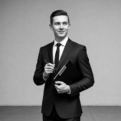 Young man in suit holding clipboard