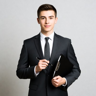 Young man in suit holding clipboard