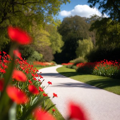 Red Tulips Lining Garden Path