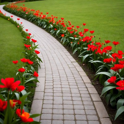 Red Tulips Lining Brick Path