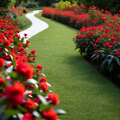 Red Roses Lining Garden Path