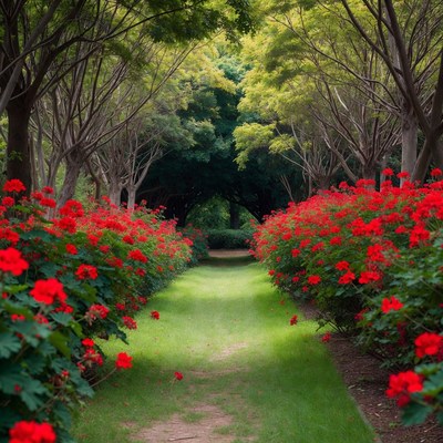 Red Geraniums Lining Tree Path