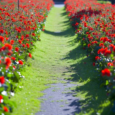 Red Flowers Lining Grass Path