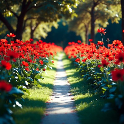 Path through red flower garden
