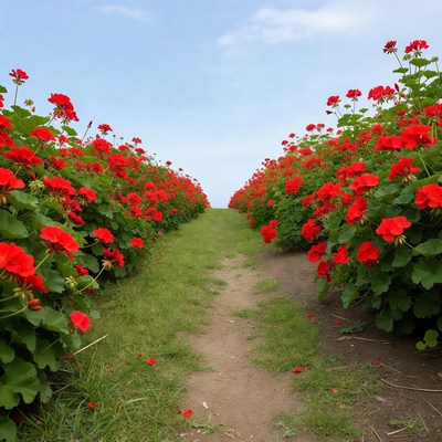 Path through red geranium flower field