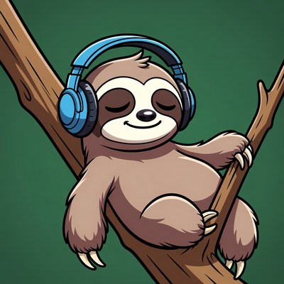 Sloth wearing blue headphones on branch