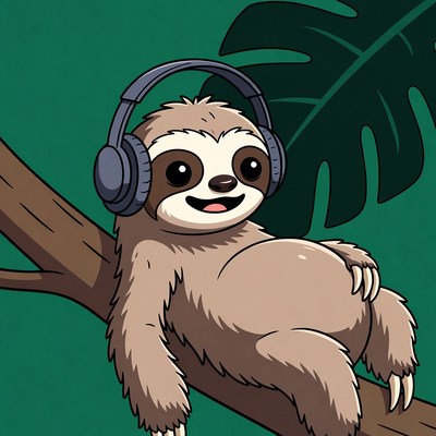 Sloth wearing headphones on branch