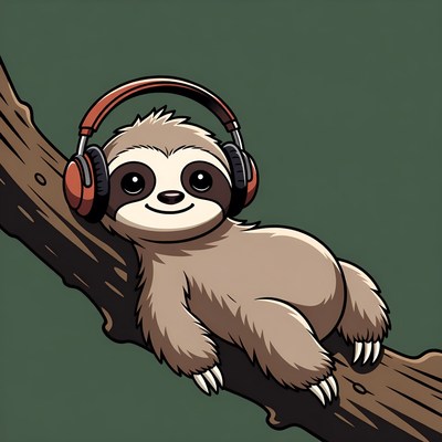 Cute sloth wearing headphones on branch