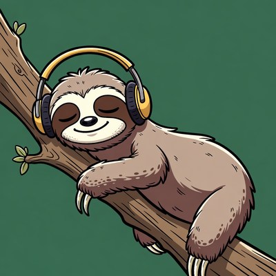 Sloth wearing headphones on branch