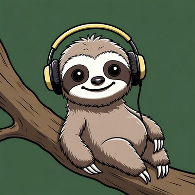 Cute sloth wearing headphones on branch