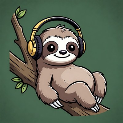 Cute sloth wearing headphones on branch