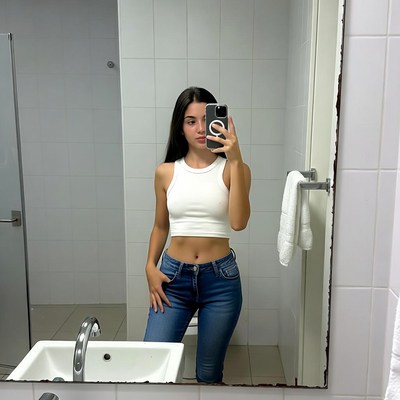 Young woman taking mirror selfie in bathroom