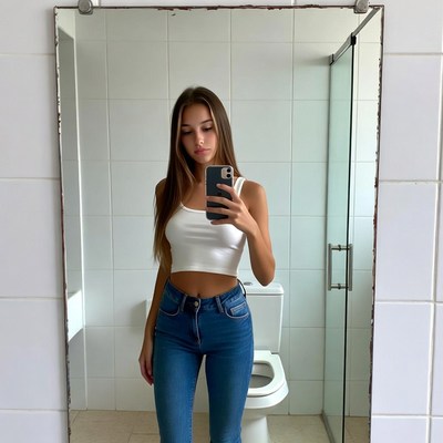 Young woman taking bathroom mirror selfie