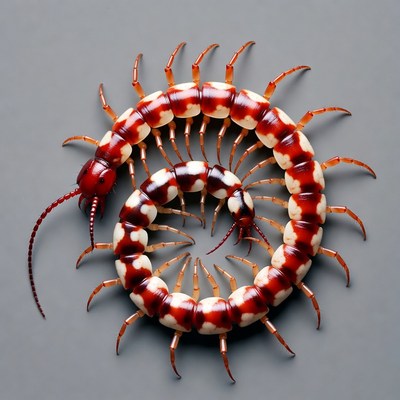 Red Centipede Coiled on Gray Background