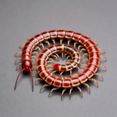 Red Centipede Coiled on Gray Background