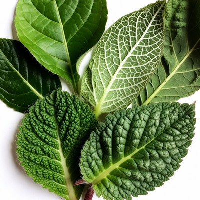 Assortment of Green Leaves on White Background