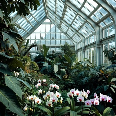 Orchids in Lush Glass Conservatory