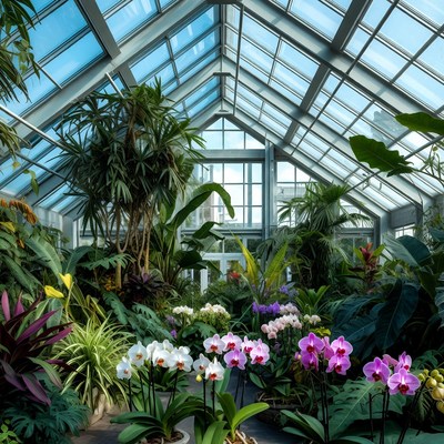 Orchids in Lush Glass Conservatory