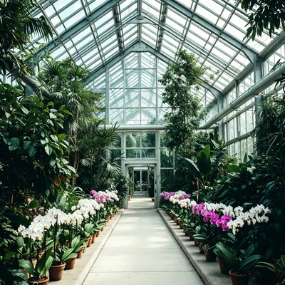 Orchids Lining Glass Conservatory Pathway