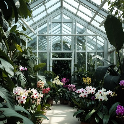 Vibrant Orchids in Glass Greenhouse