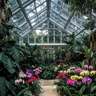 Vibrant Orchids in Glass Greenhouse
