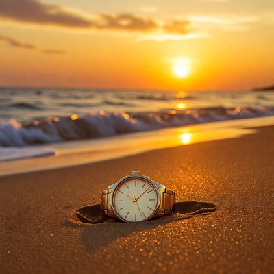 Gold watch in sand footprint at sunset beach