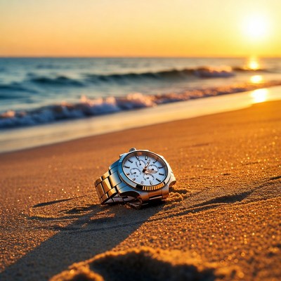 Luxury Watch on Beach at Sunset