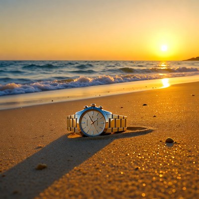 Gold Watch on Beach at Sunset