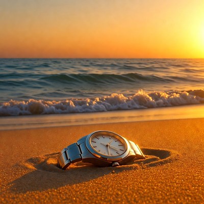 Silver Watch in Sand at Sunset Beach