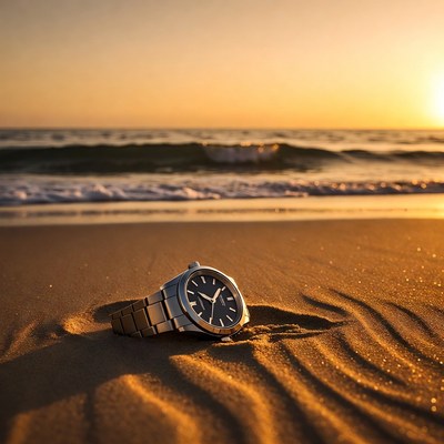 Silver watch in beach sand at sunset