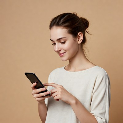 Woman using smartphone on beige background