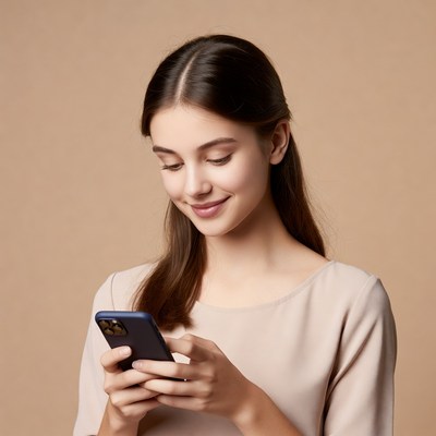 Woman smiling using smartphone