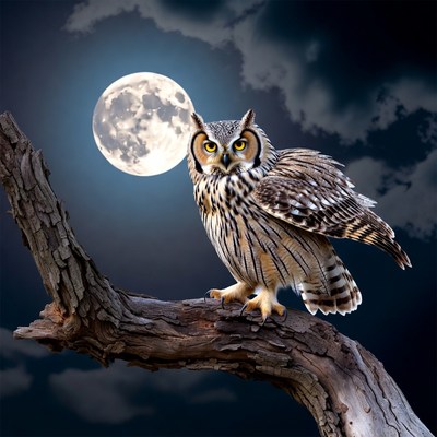 Owl perched on branch under full moon