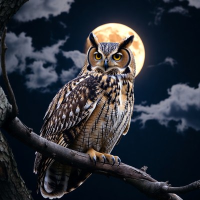 Great Horned Owl on Tree Branch