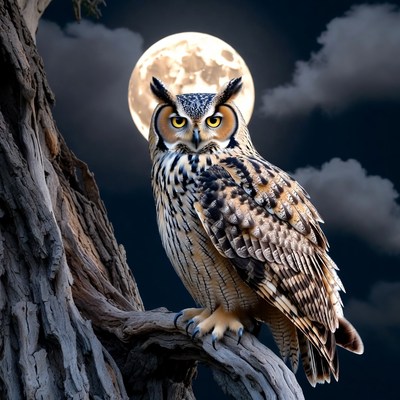 Owl perched on tree branch under full moon