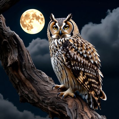 Owl perched on branch under full moon