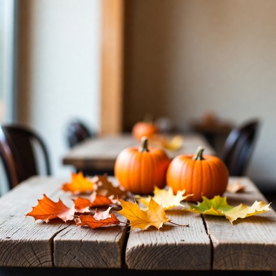 Pumpkins and Autumn Leaves on Wooden Table