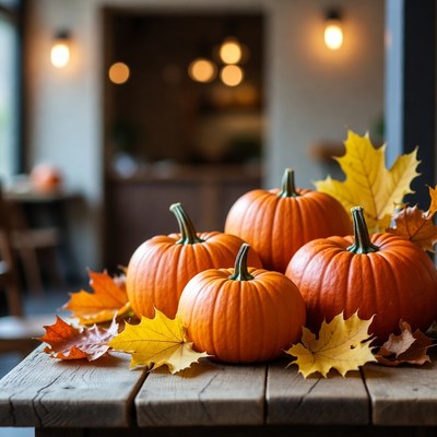 Pumpkins with Autumn Leaves on Table