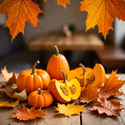 Assortment of pumpkins with autumn leaves