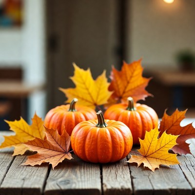 Three Pumpkins with Autumn Leaves