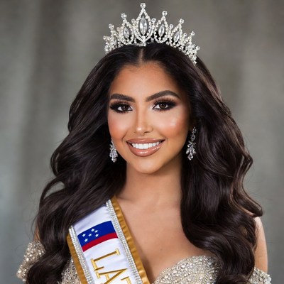 Latina woman wearing beauty pageant sash and crown