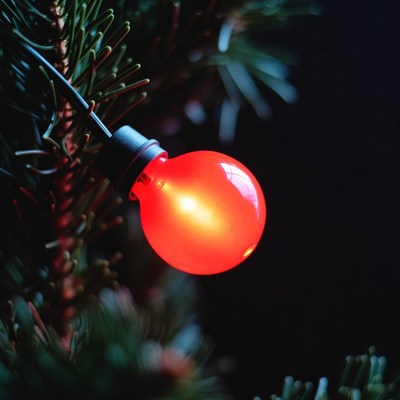 Red Christmas Light on Pine Branch