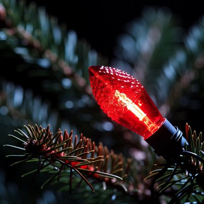 Red Christmas Light on Pine Branches