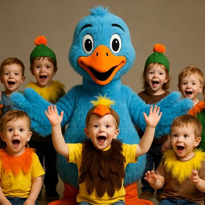 Blue bird mascot with smiling toddlers