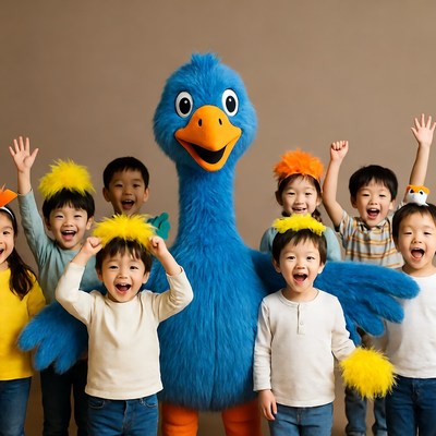 Blue mascot with Asian kids cheering