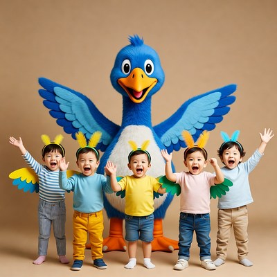 Blue bird mascot with five Asian toddlers